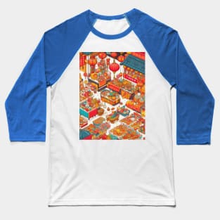 A bustling market scene filled with stalls offering traditional Chinese New Year goodies, decorations, and symbolic items. Capture the excitement and prosperity of the holiday. Baseball T-Shirt